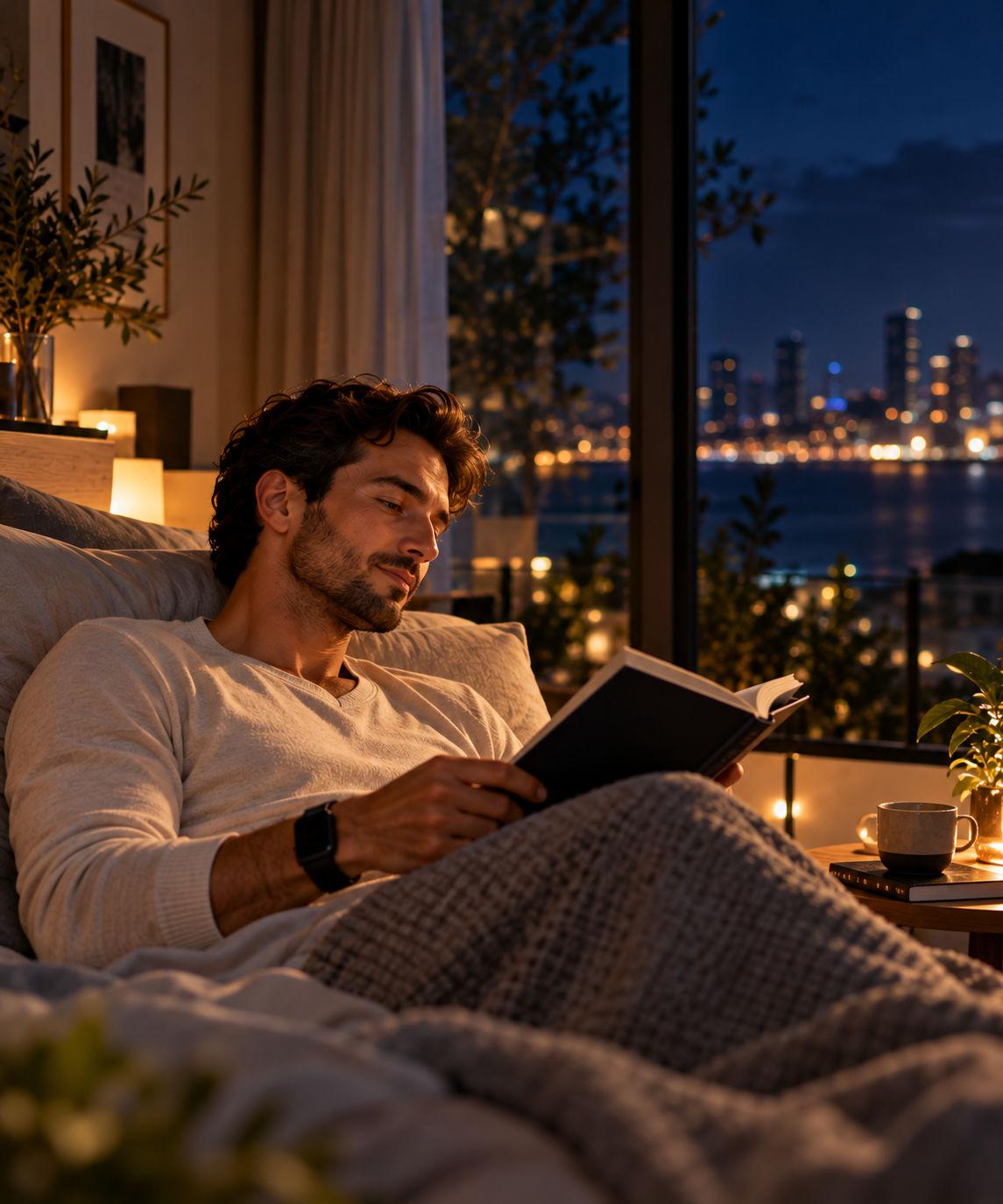 Gece kitap okuyan kişi ve şehir ışıkları